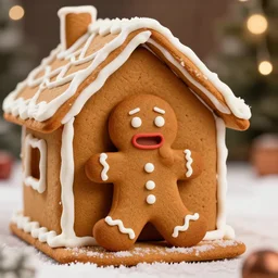 a gingerbread man sits in a gingerbread house, contemplating existential dread. is he made of house? or is the house made of flesh? he screams for he does not know.