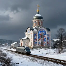 [ uaz 3 9 0 9 bukhanka painted as christian orthodox church, with orthodox cross ] driving beside the syberian railroad, epic fantasy, winter, the elder scrolls v : skyrim, dramatic lighting, establishing shot, by simon stalenhag