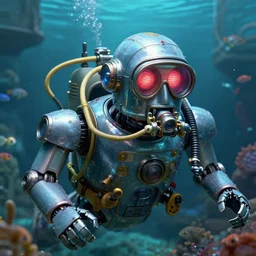 highly detailed closeup, portrait of a retro robot deep sea diving, unreal engine, nicoletta ceccoli, mark ryden, earl norem, lostfish, global illumination, detailed and intricate environment
