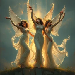 illustration studio portrait of three beautiful seraphim female energy in artistic poses dancing in nature, monet painterly motives and textures pattern, hyper detailed, octane render, vivid colors, artstation, by jeremy mann, by alphonse mucha, by monet