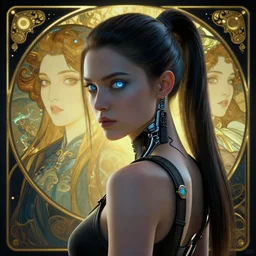 cyberpunk full shot, looking back over the shoulder, very detailed, cgsociety, artstation, female, clean, symmetry, blue eyes, nice clothing, intricate, impossible beauty, golden ratio, eye implant bionic, ponytail, staring in the void, art by krenz cushart and artem demura and alphonse mucha