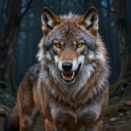 portrait of a male werewolf, bared teeth, long claws, by greg rutkowski and alphonse mucha, gradient brown to silver, in front of a forest at night background, highly detailed portrait, digital painting, artstation, concept art, smooth, sharp focus illustration