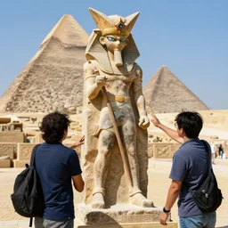 archeologists discovering an ancient statue of a yugi oh duelist in egypt, high quality photo, national geographic