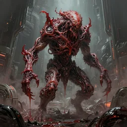 concept art by greg rutkowski, a tripod hideous monster made of twisted flesh and reddish ooze, claustrophobic and futuristic, brutalistic environment, scifi, detailed and intricate environment, high technology, highly detailed portrait, digital painting, artstation, concept art, smooth, sharp foccus ilustration, artstation hq.