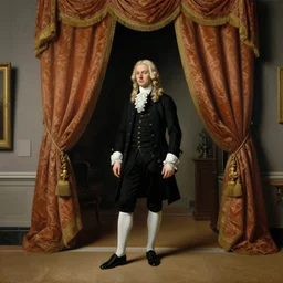 museum painting, wide - shot, photo of tall pale young man, mouse blonde hair, shoulder - length, dressed in 1 8 th century, black clothes, white clothes, gloves, near the portiere, rich curtain, sharp focus, highly detailed, digital art, oil painting, masterpiece, artgerm, rutkowski, mucha, leyendecker, kinkade