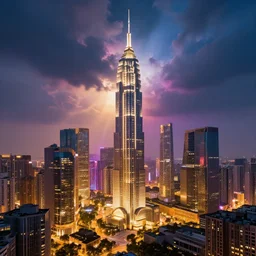 a luxury city, vray rendering. lightning, cinematic lighting, clouds. john berkey, sunny pandita. colorful lights