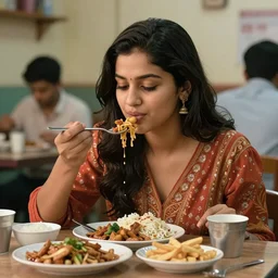 hyperrealistic image of isha jain enjoying food at hostel mess