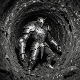 b & w inks macro insect viscera | as god |, curved chrome - rust chaos dystopic armor, wedged in necrotic metal sewer tunnel, ruined metal slag melted yaw tunnel openings, chris foss, wayne d barlowe, enric torres, alberto bontempi, feng zu hyper realism, narrative light, muted colors, epic, hyper detailed, awe inspiring, award
