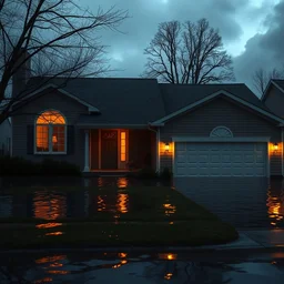 my dream of flooded 1 9 5 0 s suburban house, golden hour, uncanny, front door, two windows, garage door, overly happy, harsh lighting, featured on artstation, volumetric lighting