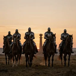 Group of fantasy knights mounted on armored warhorses . Scenic view sunset , underexposed, clean horizon, matte painting by craig mullins and dan mumford, cinematic, high fantasy, style of game of thrones, concept art trending on artstation, 4k, insane details
