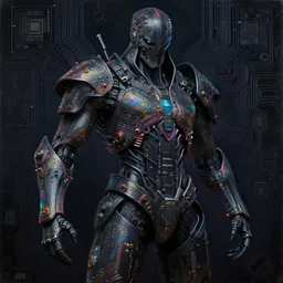 dark cyborg armour made of intricate complex circuitry and microchips, iridescent, cloaked warrior assassin, black body, colorful, intricate linework, gothic baroque, intimidating, magical, realistic oil painting, rutkowski, wlop, chebokha, artgerm