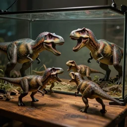 a closed terrarium of jurassic animals attacking each other on a wooden table, action scene, an epic fantasy, dramatic lighting, cinematic, extremely high detail, photorealistic, cinematic lighting, artstation, by simon stalenhag, horizon forbidden west