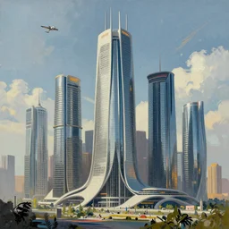 sci fi landscape painting of skyscrapers architecture design of Zaha Hadid style , decorated by Jackson Pollock’s painting