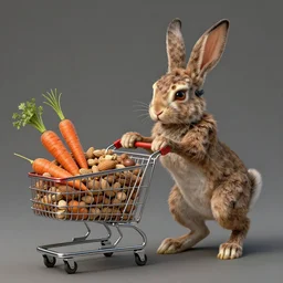 fantasy art 4 k ultra detailed rabbit pushing a shopping cart full of nuts to trade for carrots mask h. r. giger