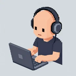 a bald hipster with headphones and a laptopt, isometric pixelart