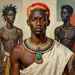 a professionally painted african male model , clothed in ancient street wear, dark skin, red gold hair, beautiful bone structure, big symmetrical scar features, stunningly, beautiful, intricate, elegant, digital painting, smooth, sharp focus, illustration, made by, Jacob Lawrence, Sam Gilliam, Edmonia Lewis, Jean-Michel Basquiat, Henry Taylor, collage