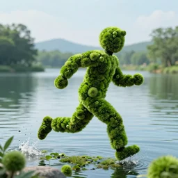 man made of marimo moss balls running at the bottom of a lake, unreal engine, high detail
