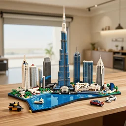 detailed lego build of dubai on garage table, professional photo, professional lighting, HDR