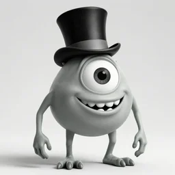 Mike Wazowski from Monsters, Inc, wearing a top hat and monocle, black and white photography, hyperrealism, trending on artstation, 4k