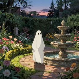 A ghost wanders close to a stone fountain in a well planted formal flower garden at dusk studio ghibli