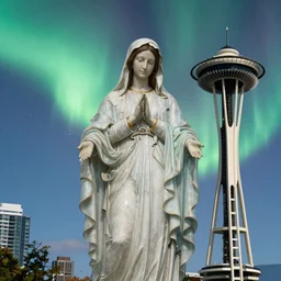 photo overlay of virgin mary, low transparency, layered into vibrant aurora large sky above seattle space needle, hirgh ] ealistic, highly detailed