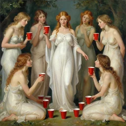 the goddess of red solo cups surrounded by a court of nymphs, by tom bagshaw peter kemp