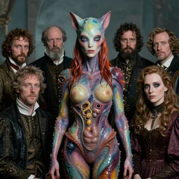 a portrait photograph of natalie dormer as a elegant brightly colored satyr alien hybrid with wet mutated skin. wearing an infected organic catsuit. by tom bagshaw, donato giancola, hans holbein, walton ford, gaston bussiere, brian froud, peter mohrbacher and magali villeneuve. 8 k, cgsociety