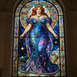 a full body stained glass window of the thicc empress of time, long and beautiful floor length nebula colored dress made of stars and stardust, with braided silver hem, emerald tiara and necklace, space, universe, portrait, highly detailed, deep focus, elegant, digital painting, smooth, sharp focus, illustration, ultra realistic, 8 k, art by artgerm and alphonse mucha