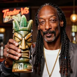 a closeup photorealistic photograph of snoop dogg at the trader vic's bar holding a tiki mug that features his face. brightly lit scene. this 4 k hd image is trending on artstation, featured on behance, well - rendered, extra crisp, features intricate detail, epic composition and the style of unreal engine.