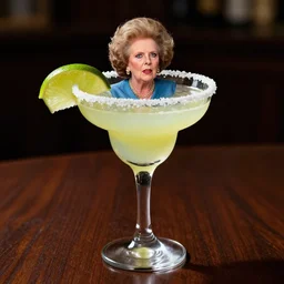 tiny margaret thatcher inside a beautiful glass of margarita, hyper realistic, highly detailed, dramatic lighting, food photography, funny