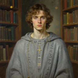 portrait of evan peters in gray robes, runes, jewelry, mystical, ethereal, magical library bokeh, painting by greg rutkowski and alphonse mucha