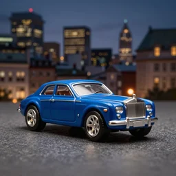 3 5 mm photo of blue 1 9 9 9 rolls royce boat tail, like hot wheels model, with a blur montreal city as background, golden ratio, dramatic lighting, medium shot, shallow depth of field, 8 k, epic cinematic, epic lighting