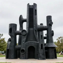 strange overly complex black sculptures with a steampunk architectural aesthetic, louise nevelson style, outside at the storm king sculpture park