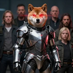 tactical knight armor, cyber, anthropomorphic shiba inu, full body portrait, red laser eyes, masterpiece, glowing bright red neon eyes, by donato giancola and greg rutkowski and wayne barlow and zdzisław beksinski, realistic face