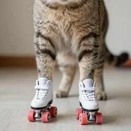 “a cat with a tiny roller skate on each paw.”
