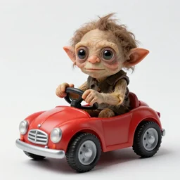 a ugly human looking like gollum, driving in a little toy car