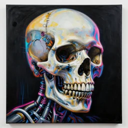 basquiat skull mechanical hydraulics neon highlights painting, octane 8 k
