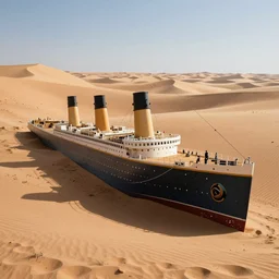 The Titanic buried in sand, on a hot summer day in the Sahara Desert