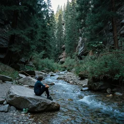 sitting by a gently flowing stream in the coolness of a canyon rich in towering evergreens