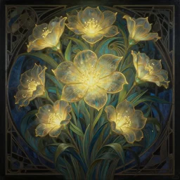 breathtaking detailed concept art painting art deco of glowing flowers, by hsiao - ron cheng, bizarre compositions, exquisite detail, extremely moody lighting, 8 k