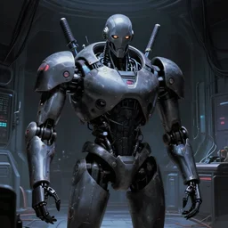 late 2 0 0 0's anime dystopian cyberpunk movie still : : machine hall interior art : : biomechanical buff killer robot : : somber far future cables lab shadowed background : : faceless staring murderously