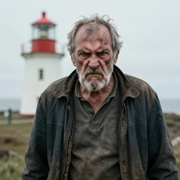 angry old and scarred lighthouse keeper