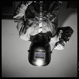 welder in welding mask in the upside down, stranger things, by richard avedon, tri - x pan stock