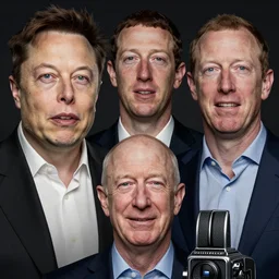 a highly realistic national portrait winner, hasselblad medium format portrait of elon musk, zuckerberg and bezos, crying. by steve mccurry