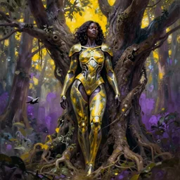 hyperrealistic art nouveau super expressive! black woman with exoskeleton armor, merging with tree in a forest, highly detailed digital painting masterpiece smooth brad kunkle hannah yata dramatic pearlescent yellow purple light ground angle hd 8k sharp focus