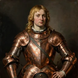 rugged saoirse ronan, blonde hair, wearing copper armour, portrait, oil painting by titian, masterpiece, hard focus, normal looking hands