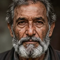 highly detailed portrait of an old man with a grey beard and wrinkled face looking solemnly at the camera