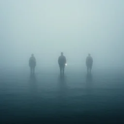 3 three on the sea, hazy, foggy, atmospheric perspective, volumetric fog, cinematic, 35mm lens, anamorphic lens flare, photographic, octane render, cinematography by roger deakins, in the style of ansel adams, low details,