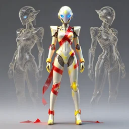 a full body character design by loish, hong soonsang, tooth wu and zeen chin. laser white and yellow tape and red translucent plastic tape attctive showgirl!! sci - fi helmet with blue glowing eyes!! sharp edges. contour light!! ultra detailed, elegant, intricate, octane render.