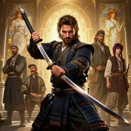 !! kurdish!!! samurai wielding an ornate katana, stephen bliss, unreal engine, hyper realistic, fantasy art by greg rutkowski, loish, rhads, ferdinand knab, makoto shinkai and lois van baarle, ilya kuvshinov, rossdraws, tom bagshaw, alphonse mucha, global illumination, radiant light, detailed and intricate environment, highly detailed, award winning art